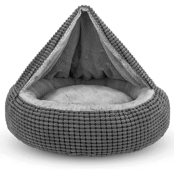 Dog Bed with Attached Blanket for Small Dogs or Cats, Soft Plush Cozy Donut Cuddler Hooded Pet Beds Washable. Round Puppy Bed 1