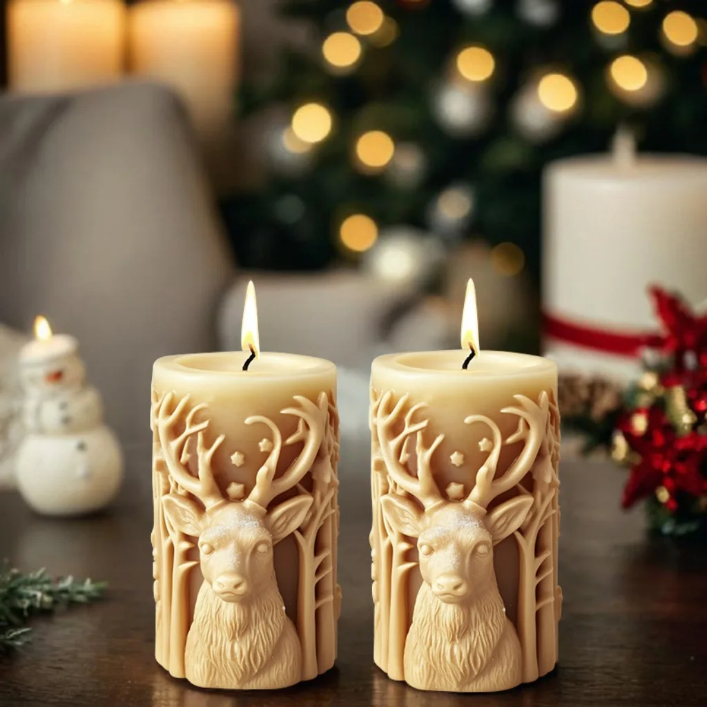Christmas Elk Cylindrical Scented Candle Silicone Mold DIY Christmas Tree Diffuser Ornament Mold Candle Molds for Candle Making