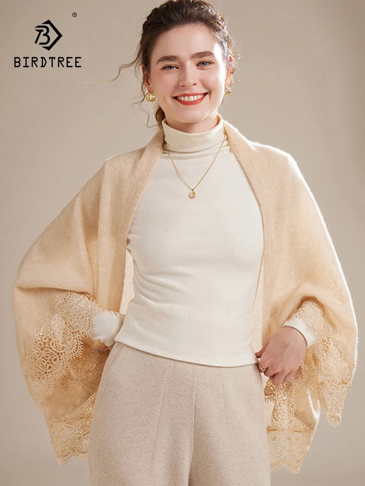 

Birdtree 100%Pure Cashmere Shawl Cape Women's Hollowed Out Knitted Cardigan Shoulder Protection Neck Insulation Scarf A3N404QC