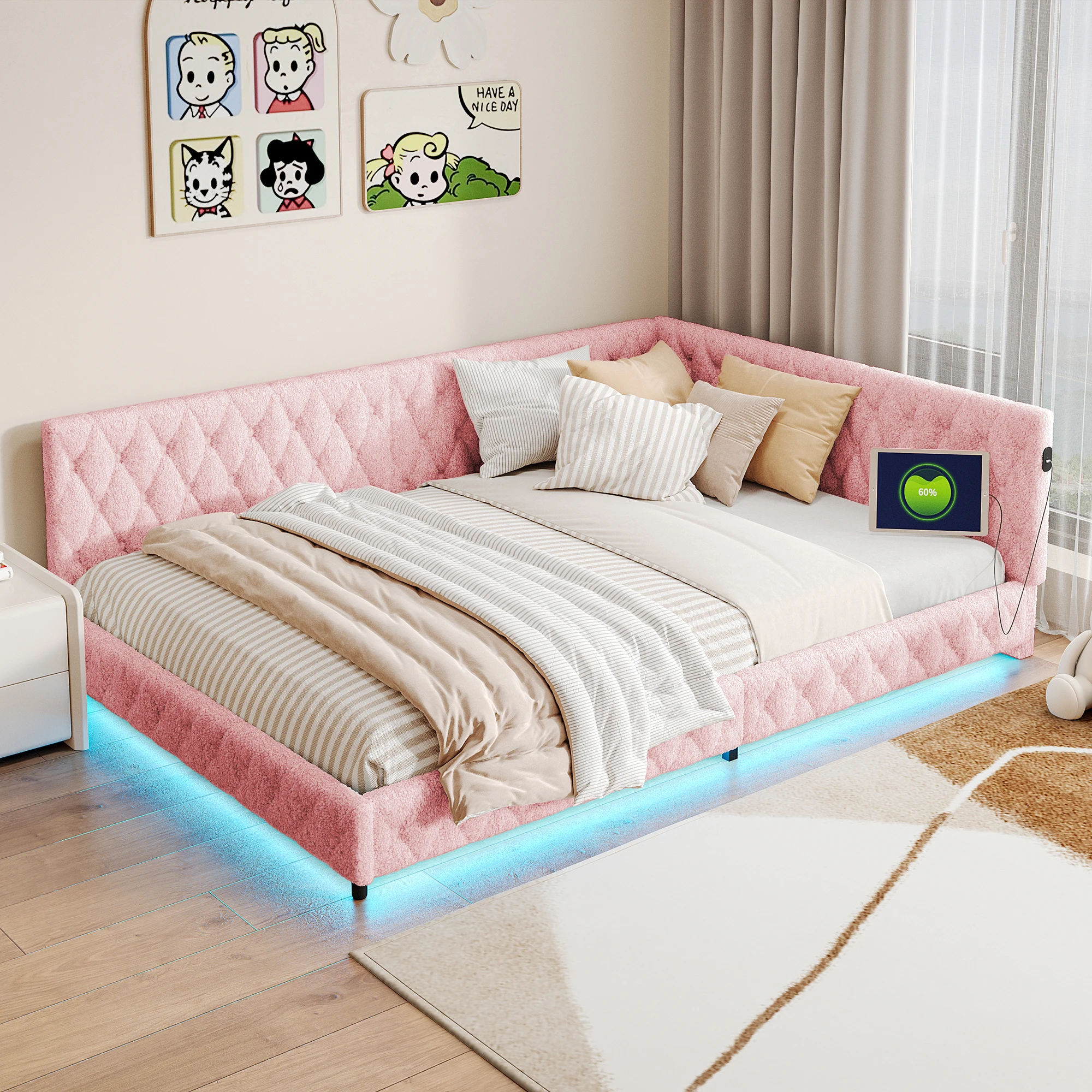 Superaly 140x200cm Polsterbett, L-förmiger Bettrahmen, Jugendbett mit LED-Beleuchtung und USB-Ladefunktion, Teddy-Samt, Rosa – Detail 2