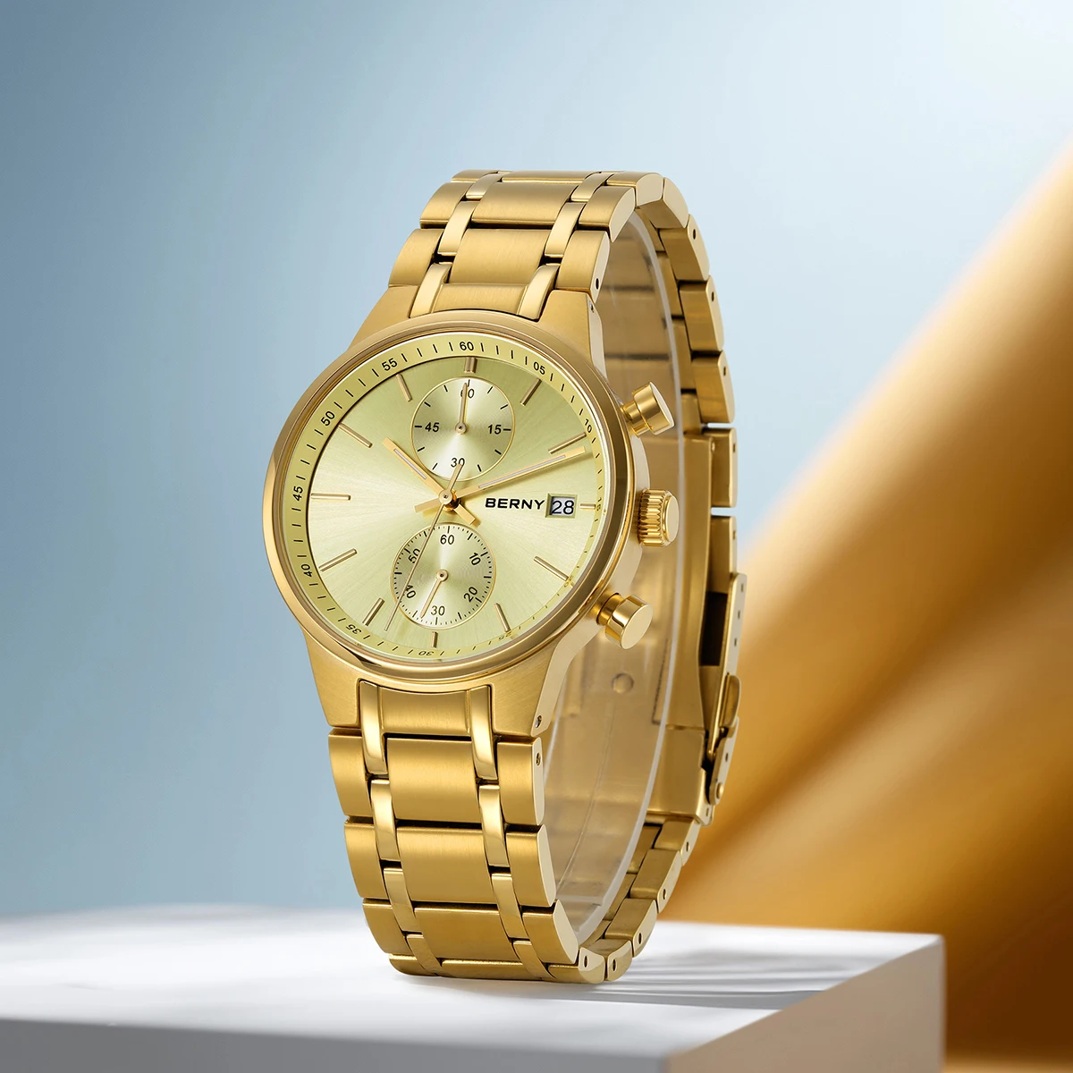 BERNY Chronographenuhren für Herren, modische Multifunktions-Quarzuhr, leuchtendes Datum, komplett aus Edelstahl, Sport-Armbanduhr – Detail 17
