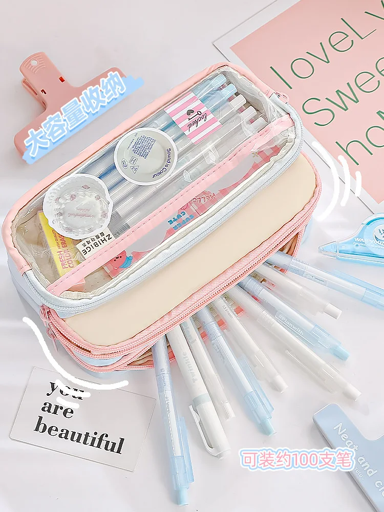 컬러 블록 투명 연필 케이스 대용량 창의적 다기능 문구 가방 일본식