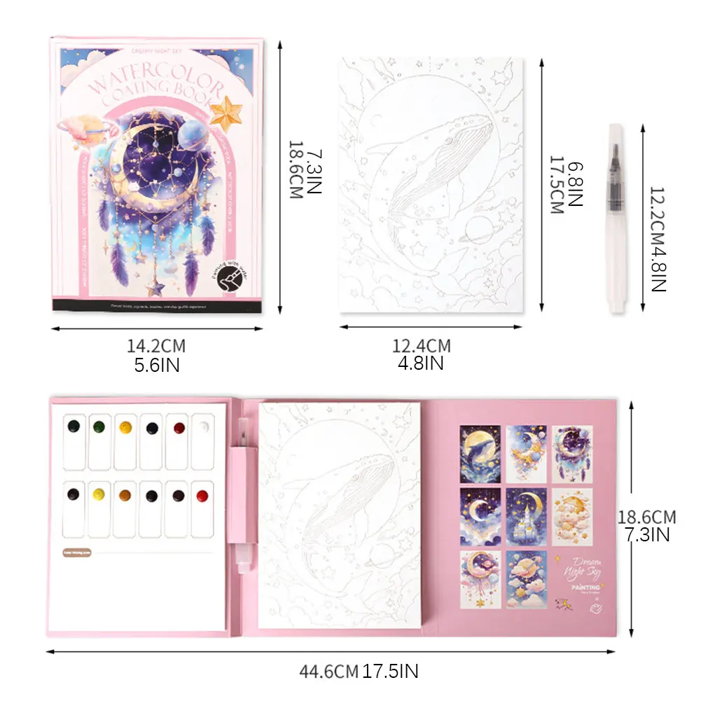 성인을위한 수채화 색칠하기 책 스트레스 릴리프 접이식 그림 패드 DIY Tri-Fold Art Kit All In 1 수채화 키트 아트 공급