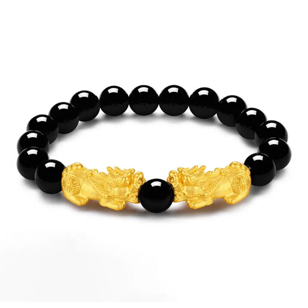 

Pure 24K Yellow Gold 3D Lucky Coin Pixiu with 8mmW Black Agate Bead Bracelet