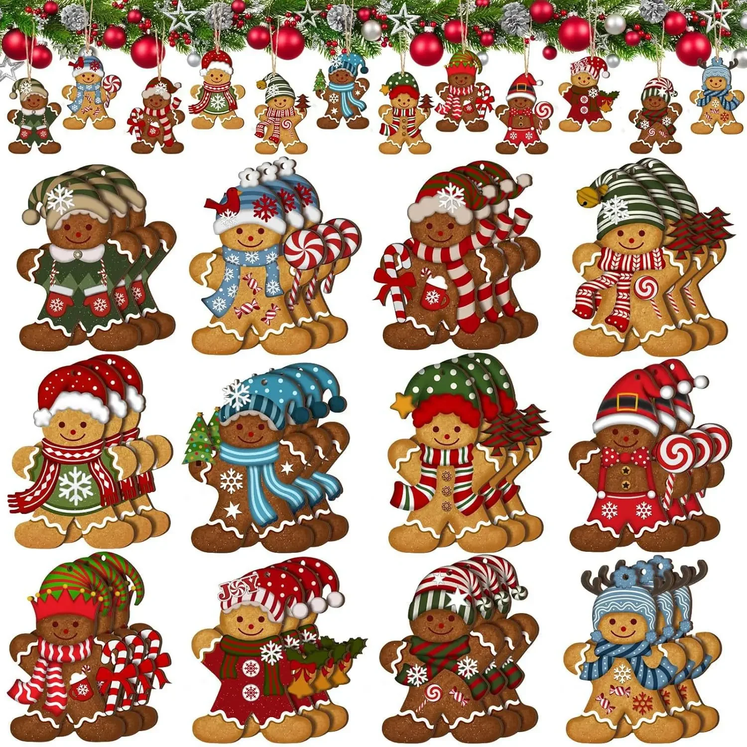 Gingerbread Man Ornaments Christmas Tree Wooden Hanging Decorations Pendants Cute Cartoon Xmas DIY Hangings Home Decor 12pcs/set christmas decorations