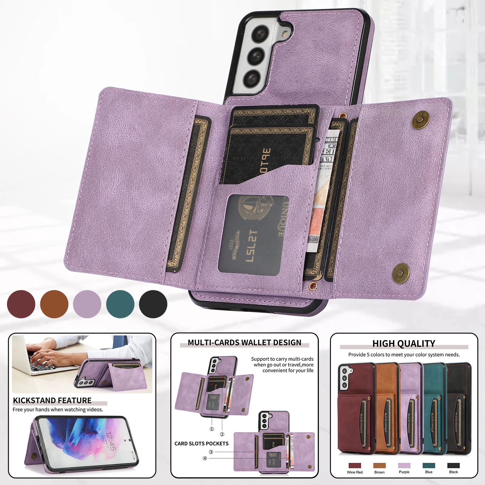 

For Samsung Galaxy S20 S21 FE S23 S22 Plus Note 20 Ultra RFID Blocking Organ Card Holder Leather Cover Crossbody Lanyard Case