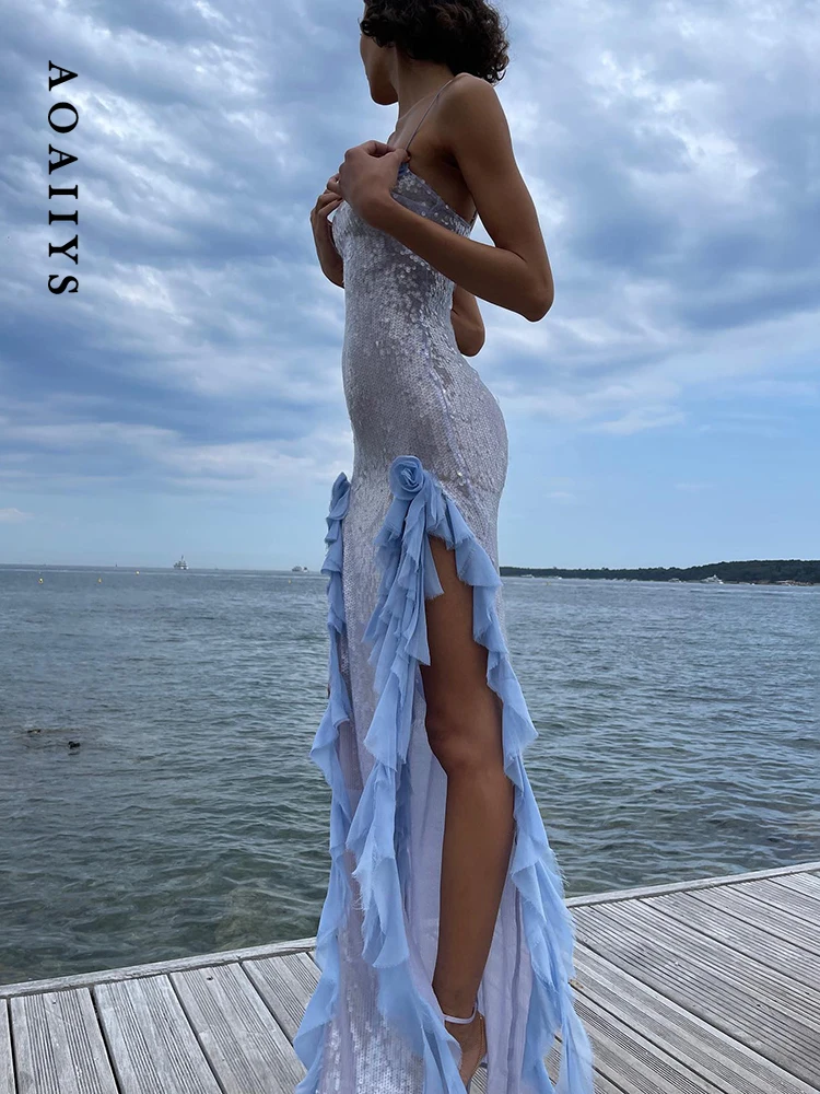 

Aoaiiys Dresses for Women Dress 2023 Autumn Shiny Ruffle Slit Slim Solid High Waisted Spaghetti Strap Dress Floor-Length Dresses