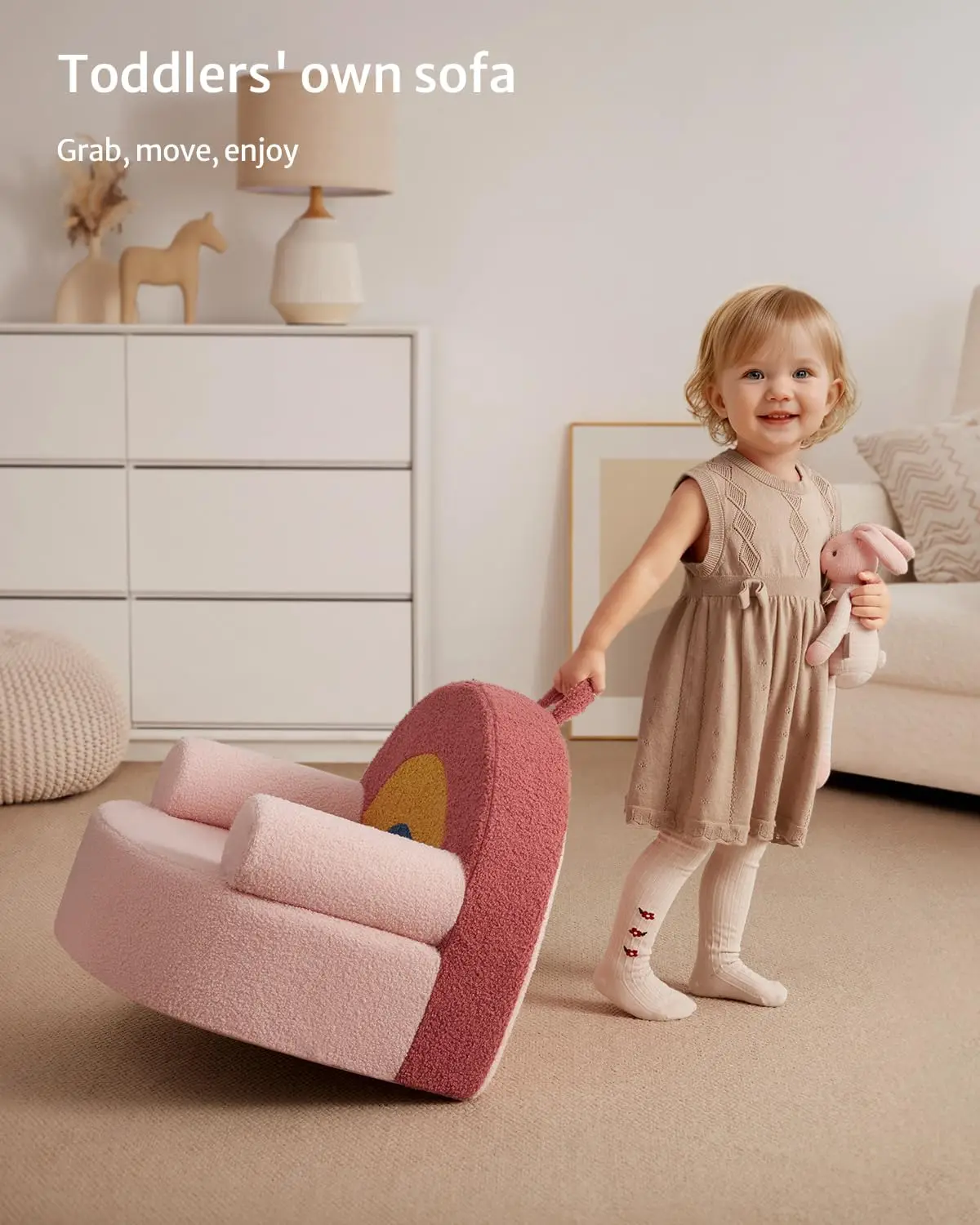 Toddler Chair Comfy, Foam Kids Chair with Soft Teddy Plush, Toddler Reading Armchair with Cute Rainbow Designs- Blush Pink 6