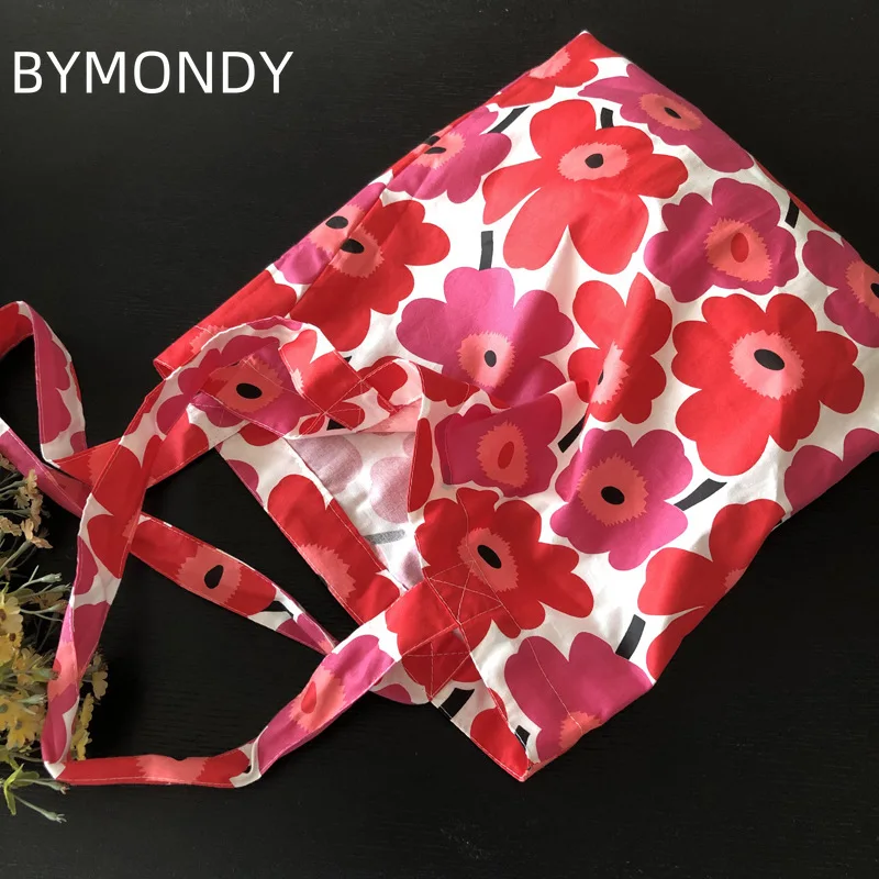 

BYMONDY Women Eco-friendly Shopping Bags Fashion Floral Rose Red Ladies Tote Bag Shopper Reusable Cotton Cloth Handbags Popular