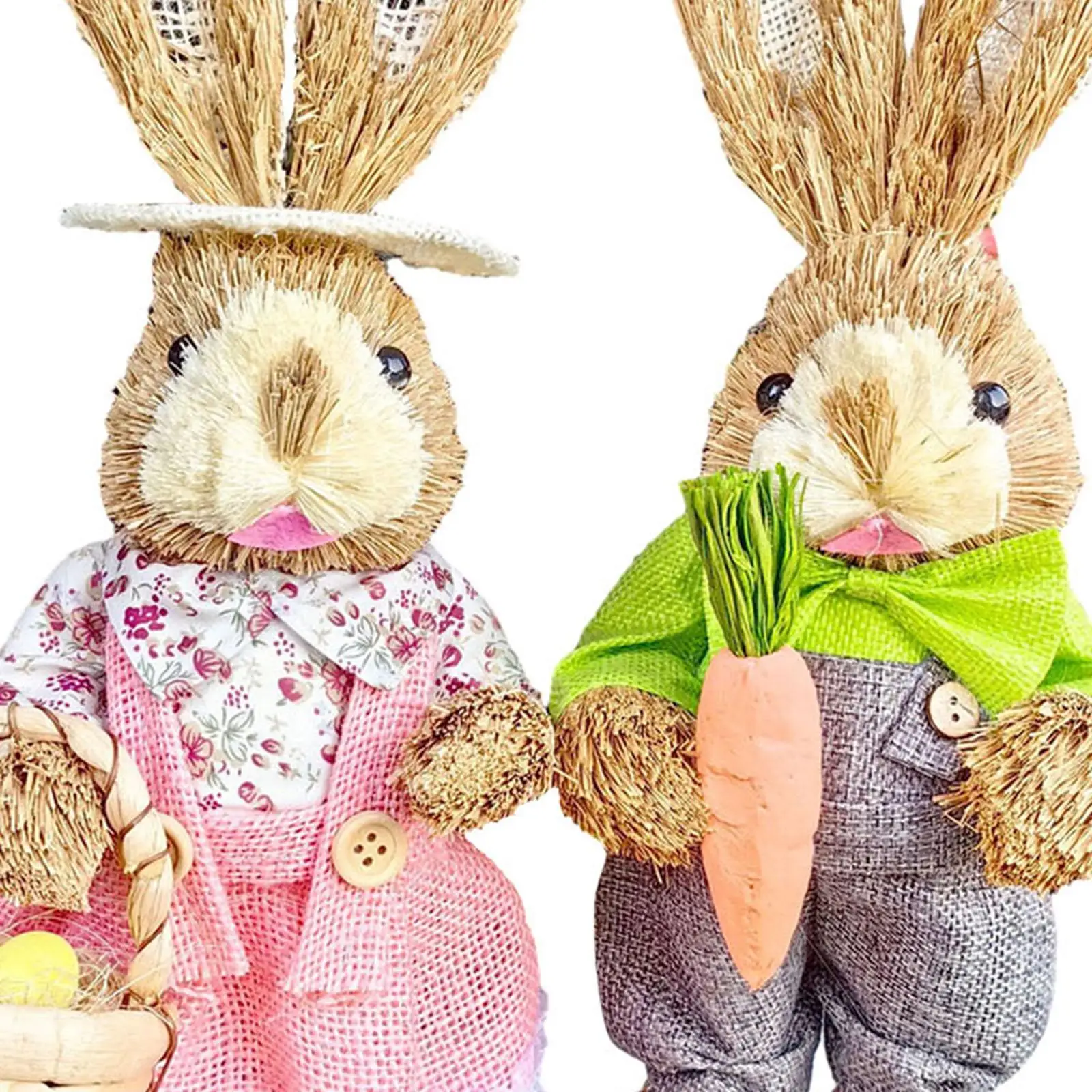 2Pcs Rabbit Sculptures Easter Gifts Cute Straw Bunny Figurines Garden Decor Animal Statues for Balcony Lawn Room Bedroom Yard