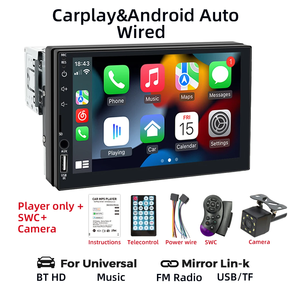 thumbnail image 1 of Radio de coche BQCC 1 Din Carplay Android Auto Reproductor multimedia de 7 pulgadas Pantalla táctil HD Entrada auxiliar FM Bluetooth MirrorLink Universal, 1 of 5