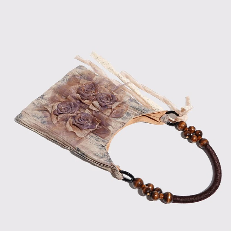 Chinese Style Rose Decor Shoulder Bags Fashion Commuter Tote Bags Classic Pleated Handbags High Quality Women Underarm Bags