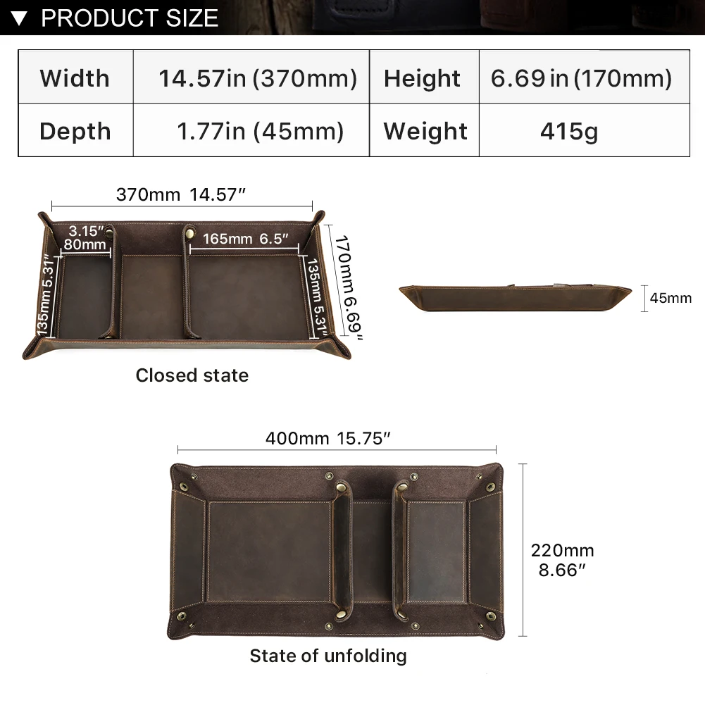 Genuine Leather Desktop Tray Organizer 3 Compartments Durable Key Jewelry Cosmetic Storage Box Folding Home Decoration storage tray