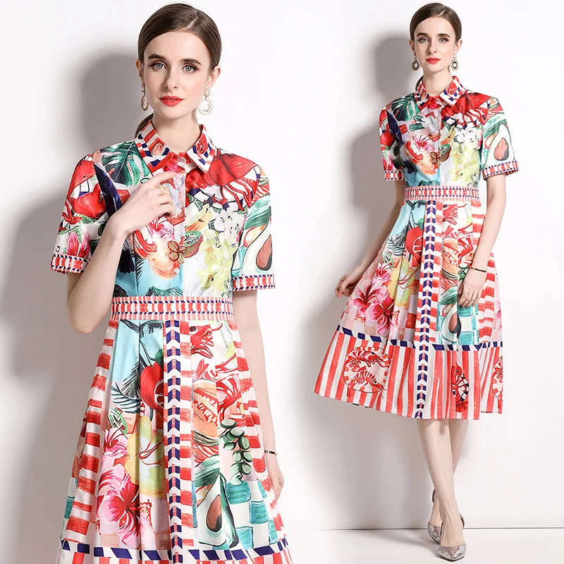 

2023 Summer Floral Dress Short Sleeve Women Designer Lapel Print Slim Fit Stylish Midi Dresses Birthday Party Holiday a Gift