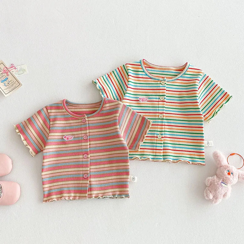 Girls Colorful Striped Short Sleeved Knitted Sweater