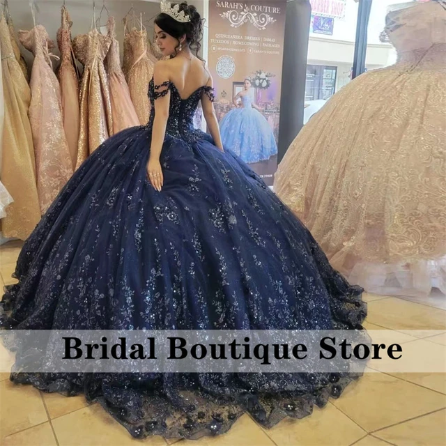 G327, Navy Blue Satin Off Shoulder Trail Ball gown, Size: All, Color: –  styleicon.in