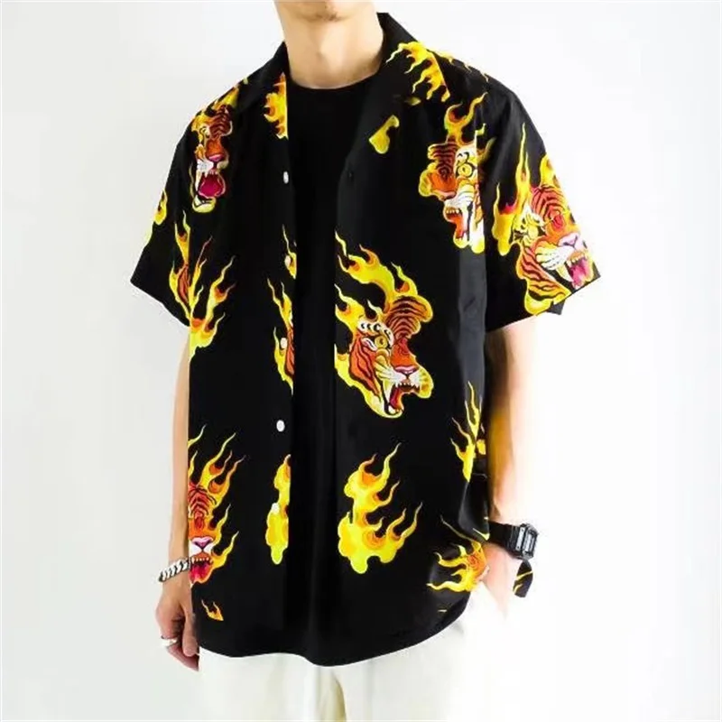 

Black WACKO Flame Print Hawaii Short Sleeve Shirt High Quality 1:1 Summer Tops Men Women Casual Shirt