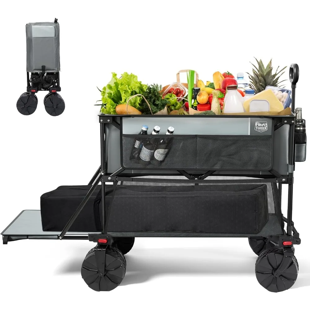 

Garden Carts, 400L Folding Double Decker Wagon, 54" Extra Long Extender Cart with All-Terrain Wheels, Garden Carts