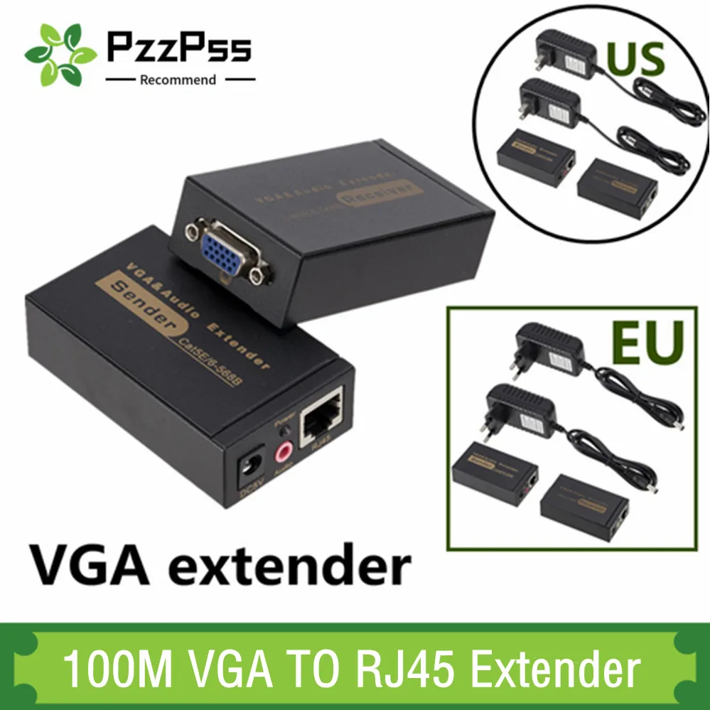 

PzzPss 100m HD 1080P UTP VGA Extender RJ45 1x1 Splitter With 3.5Mm Audio RJ45/Cat5e/6 Ethernet Cable For Projector HDTV PC