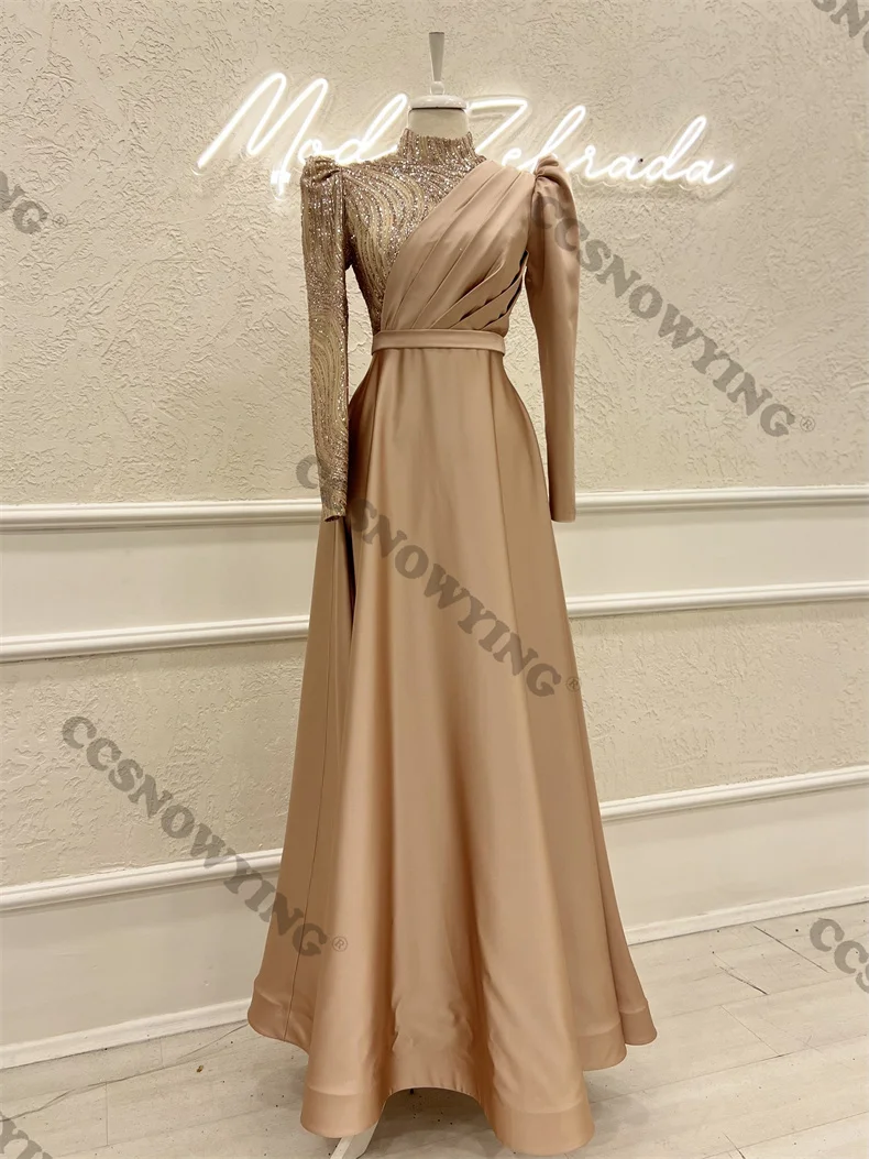 

Champagne Satin Sequin Long Sleeve Muslim Evening Dresses Hijab Islamic Formal Party Gown High Neck Arabic Robes De Soirée