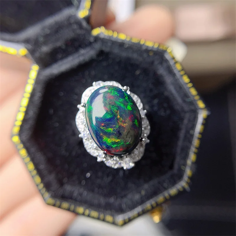 

YULEM 4.8ct Black Opal Ring Large Grain Rose Gold Luxury Classic Fashion Trend S925 Pure Silver Full Fire Color For Women