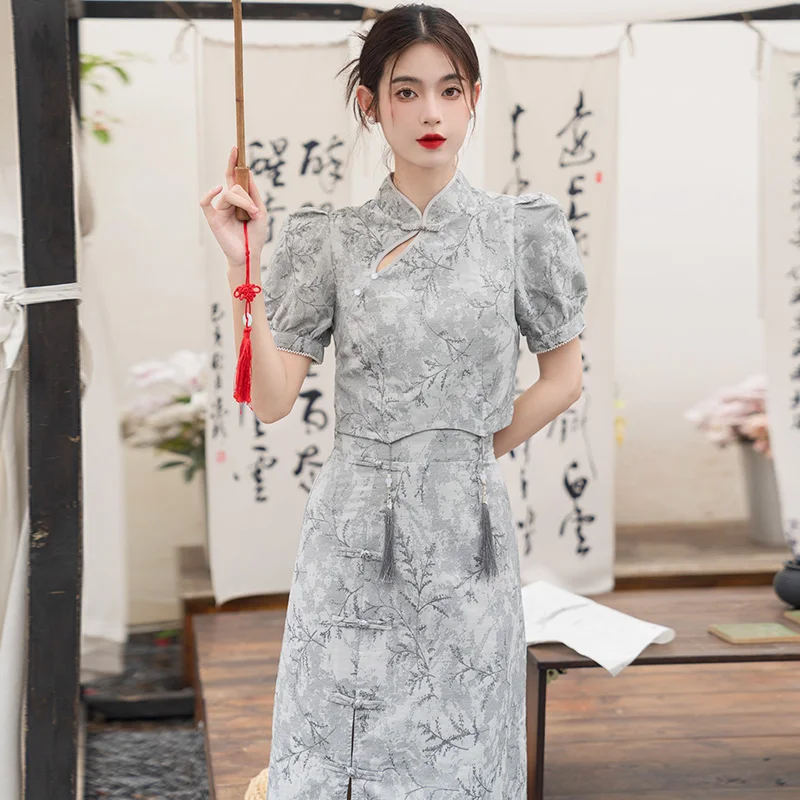 

Summer New Chinese Style Women's Dress Qipao Gray Hanfu Improved Cheongsam Top Tang Suit Vintage Set Binding Wedding Half Dress