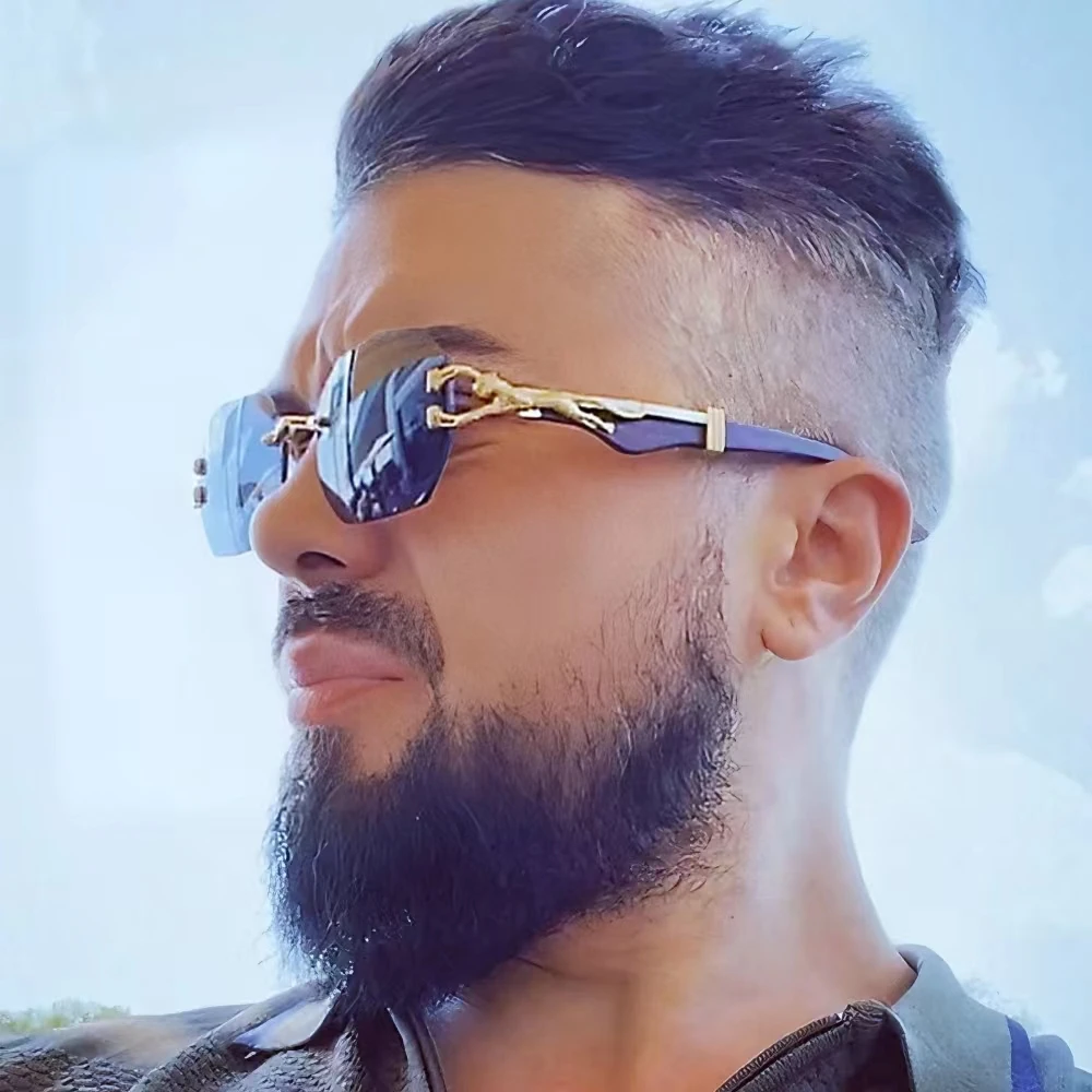 

2024 New frameless square sunglasses Wood grain mirror legs vintage cheetah decorative sunglasses leopard head metal sunglasses