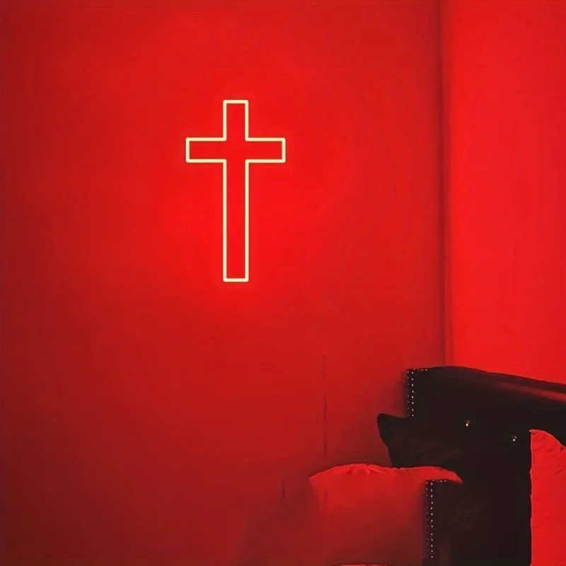 Insegna LED A Croce Di Gesù Con Luce Bianca Calda - 40x22 Cm - Croce Decorativa A LED Per Parete, Camera Da Letto, Arredo Religioso - 3