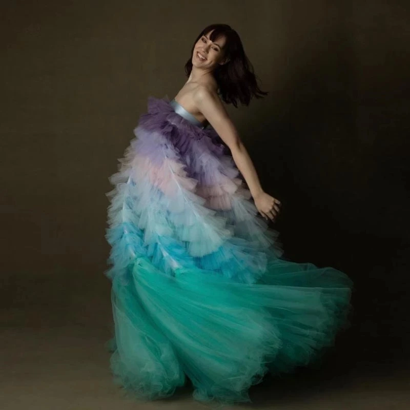 

Candy Colorful Tulle Women Dress Strapless Tiered Prom Party Dresses Long Ruffled Mix Color Tulle Photo Shooting Gowns Custom