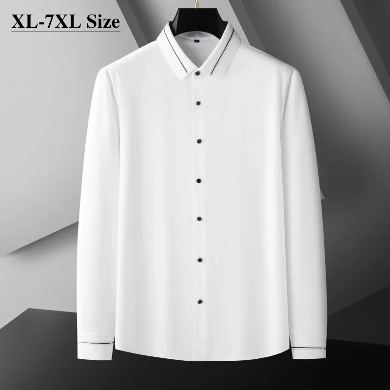 

6XL 7XL 5XL Plus Size Men's Long Sleeve Casual Shirts Black White High Elastic Baggy Soft Luxury Business Shirt Dress