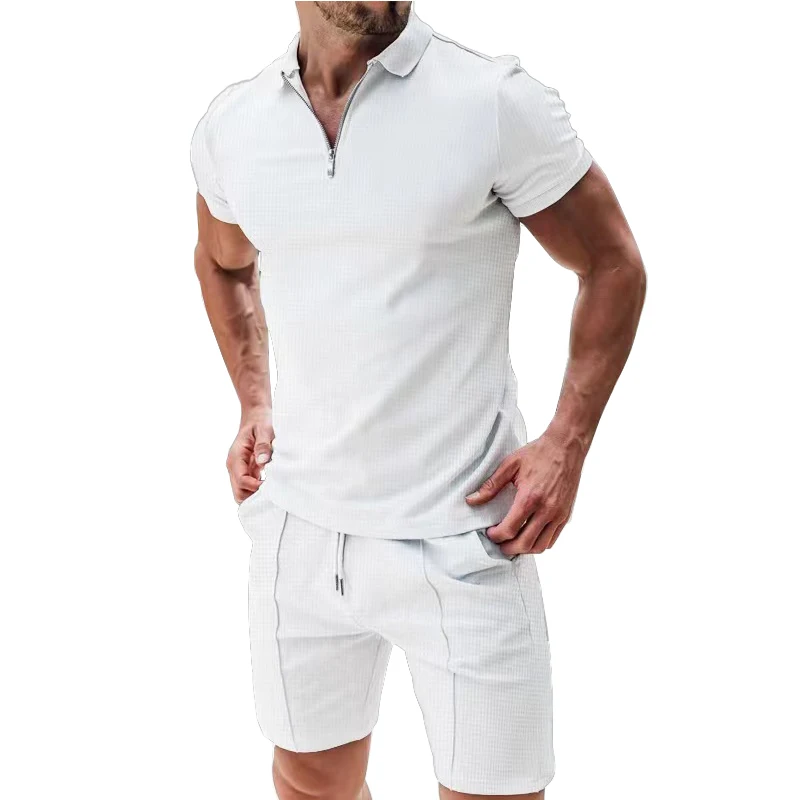 Cross border summer men's polo shirt set solid color waffle short sleeve slim lapel t-shirt casual men's set