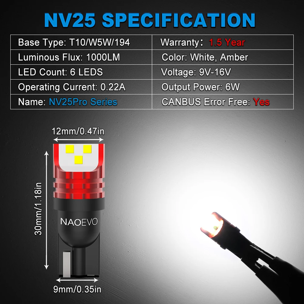 NAO T10 W5W LED   CANBUS 6W 1000LM  ڹ  6000K ȭƮ ׸  5W5 194 12V  Ƽ  