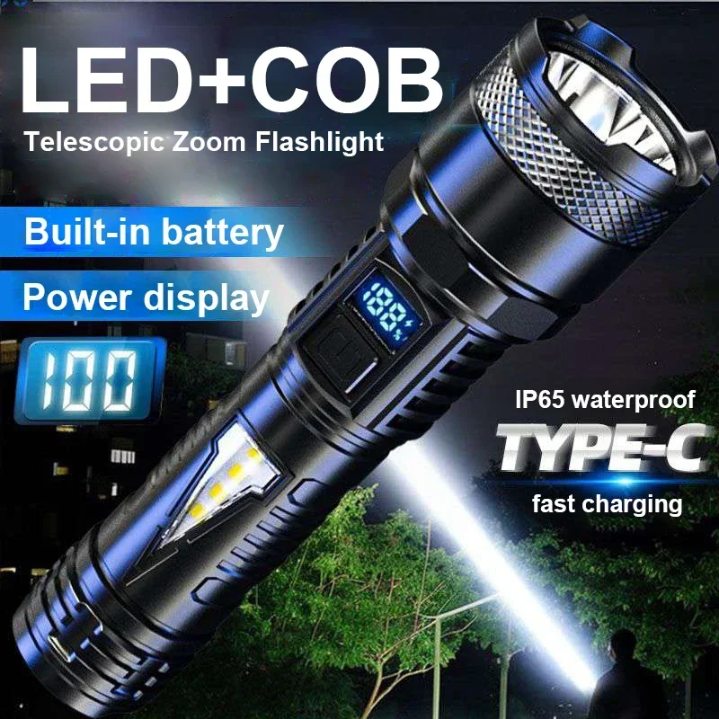 High Power Long-range Lantern Super Bright LED Flashlight USB Rechargeable Tactical Torch With Sidelight Lamp Waterproof Outdoor