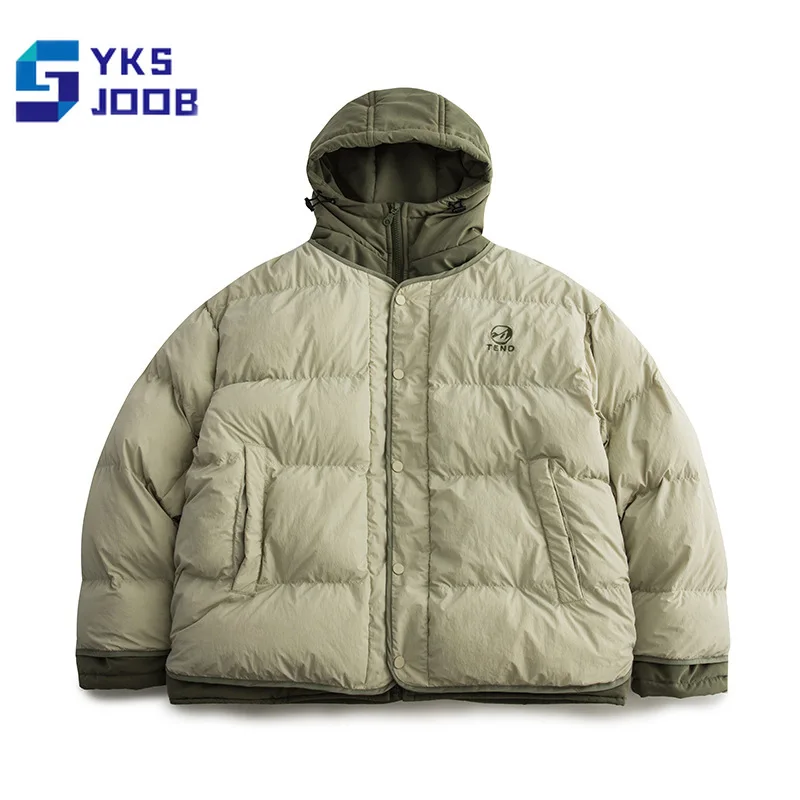 

Retro Embroidery Hooded Cotton Coat Mens Patchwork Fake Two-Piece Loose Padded Jacket Male Causal Fashion Padding Coats Parkas