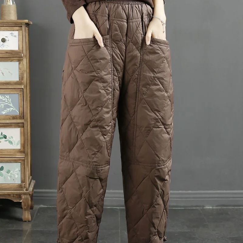 Women Winter New High Waist Elastic Casual Pants Fashion Solid Pocket Thickened Down Cotton Windproof Warm Versatile Harem Pants