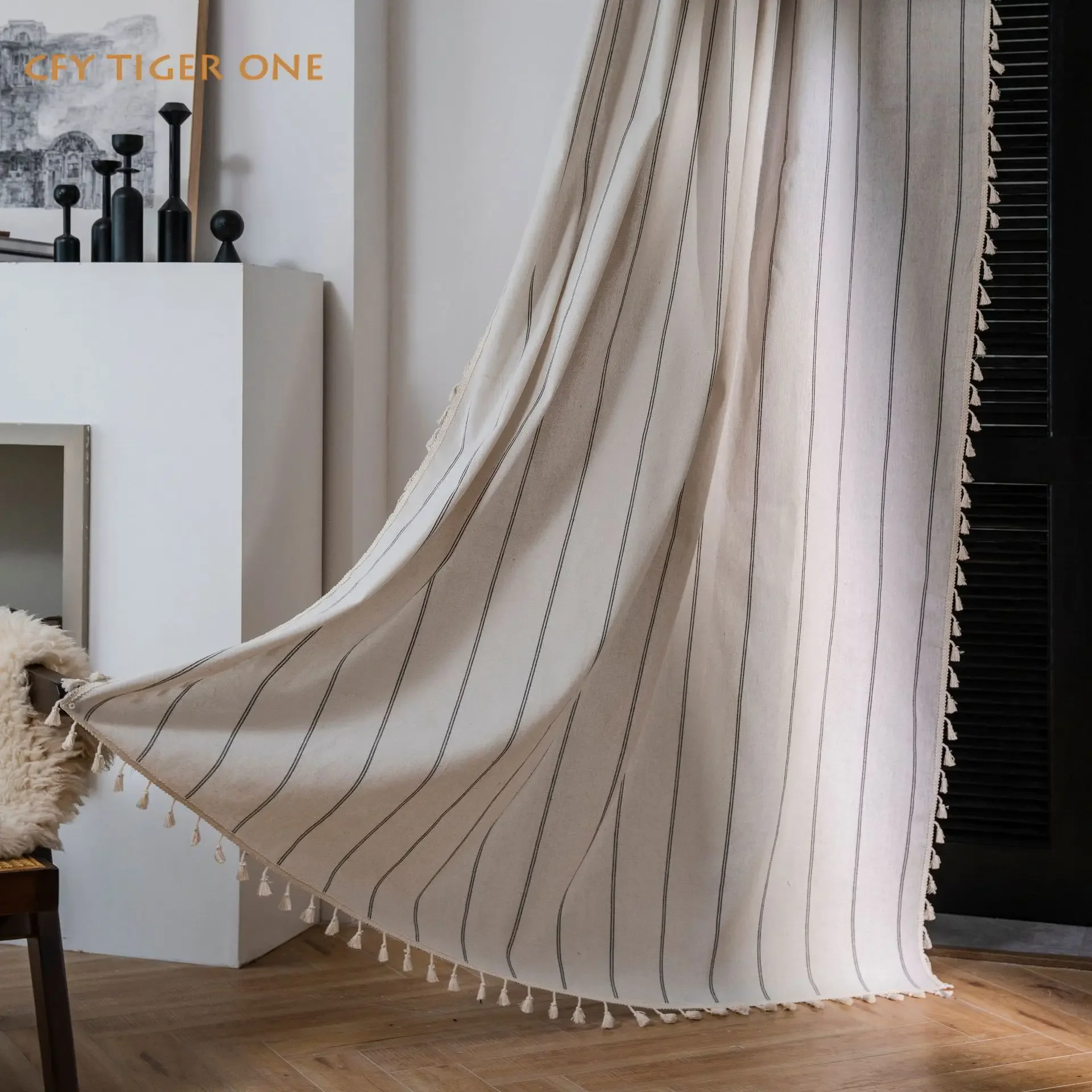 

American Cotton Linen Black Stripe Tassels Window Curtain Blackout Valance for The Luxury Living Room Curtains for Living Room