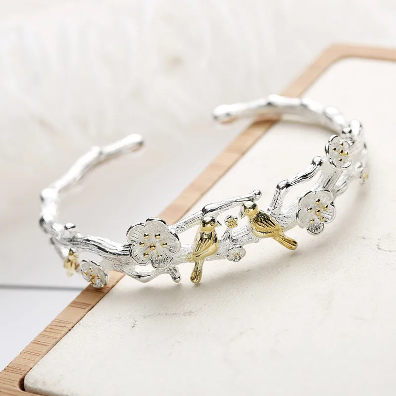 Hot Sale 925 Sterling Silver Cherry Blossom Flowers Golden Birds Open Charm Bracelet & Bangles For Women Girl Pulseras XB099 3