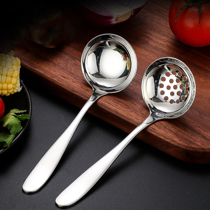 304StainlessSteelSoupLadleLongHandleHotPotSpoonColanderLarge