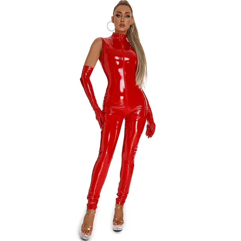 

Sexy Catsuit Zipper Open Crotch Rompers Wetlook PU Leather Bodysuit Leotard Bodycon Clubwear Shiny PVC Sleeveless Jumpsuit Women