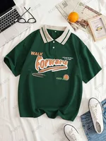 Summer Autumn Forward Print Graphic Contrast Color Loose Polo Shirt Short Sleeve Lapel T-shirt Women's Oversized Unisex Tops