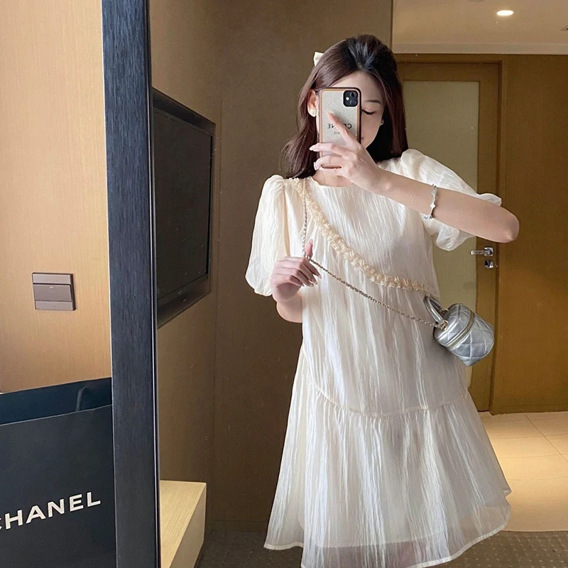 Sweet O-Neck Spliced Ruffles Puff Sleeve Princess Dress Women's Clothing 2024 Summer New Loose Korean Solid Color Mini Dress