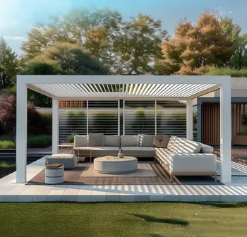 หลังคาบานเกล็ดอลูมิเนียมไฟฟ้ากลางแจ้ง กันน้ำ ไฟ LED ปรับความสว่างได้ ระบบปรับสภาพอากาศแบบโมเดิร์น 1