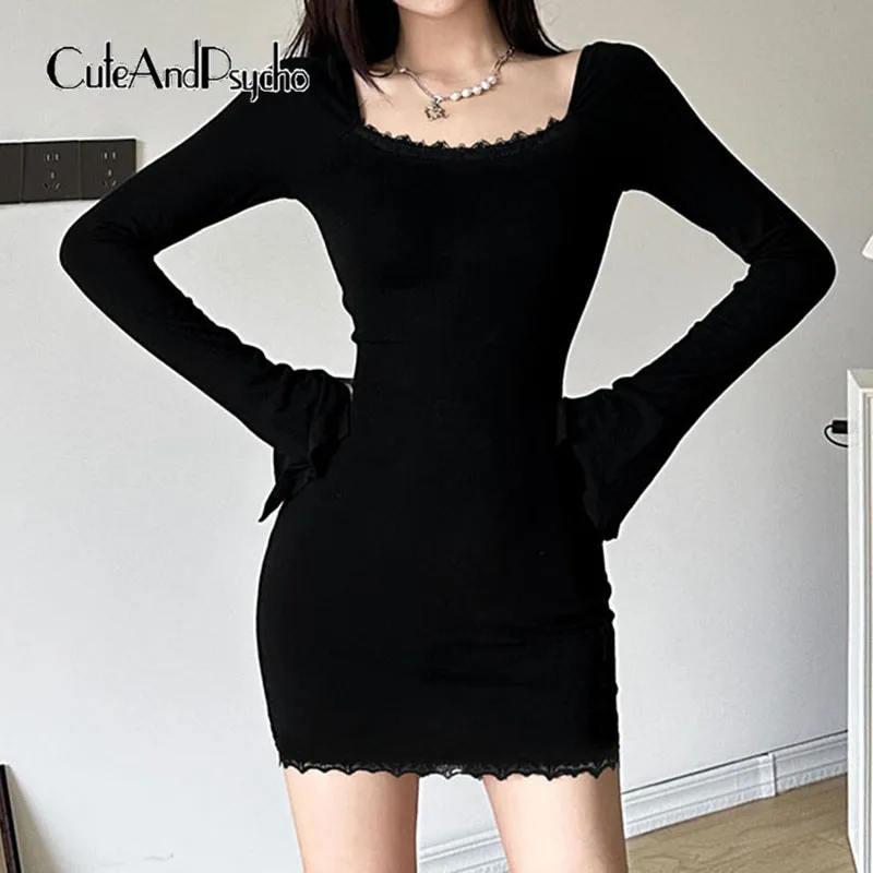 

Cuteandпсихошикарные однотонные мини-платья, повседневные кружевные модные облегающие наряды с круглым вырезом, уличная одежда с длинными рукавами, эстетичная сексуальная одежда