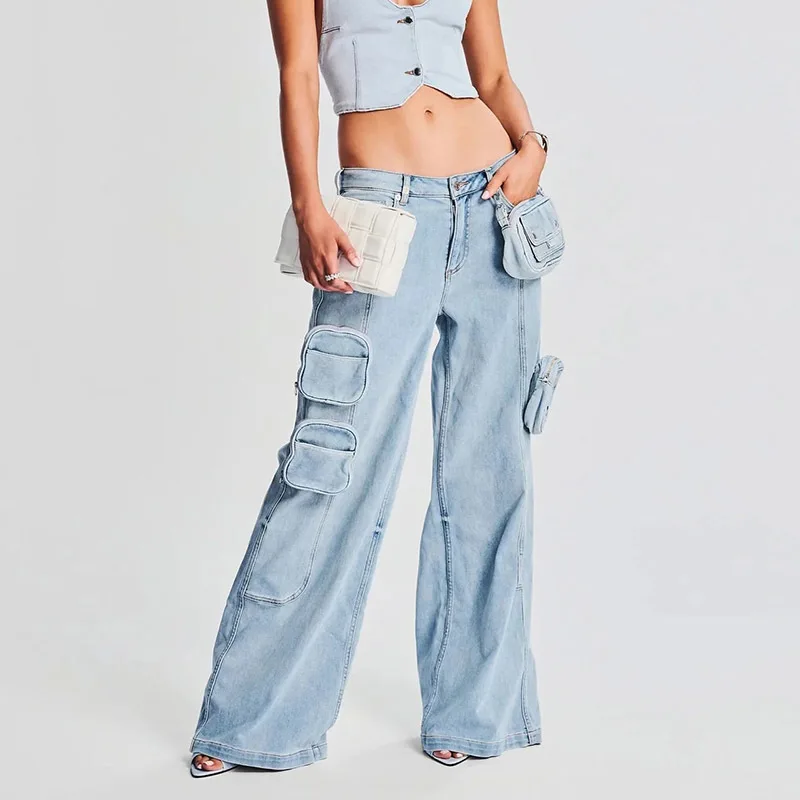 

23 Runway Detachable Independent Bag Jeans Women Clothing Fashion All Match High Waist Denim Wide Leg Pants Autumn Winter New