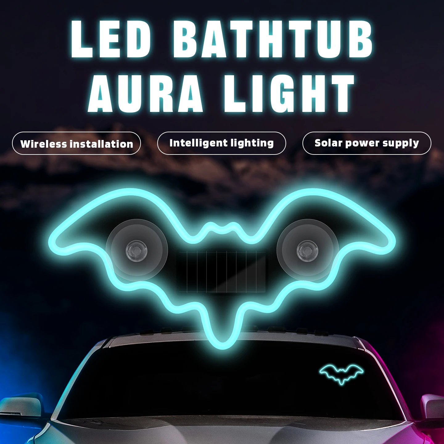 KEBIDUMEI 자동차 네온 라이트 태양열 구동 박쥐 모양의 RGB LED 창 램프 흡입 컵 충전식 호흡 조명 자동차 액세서리