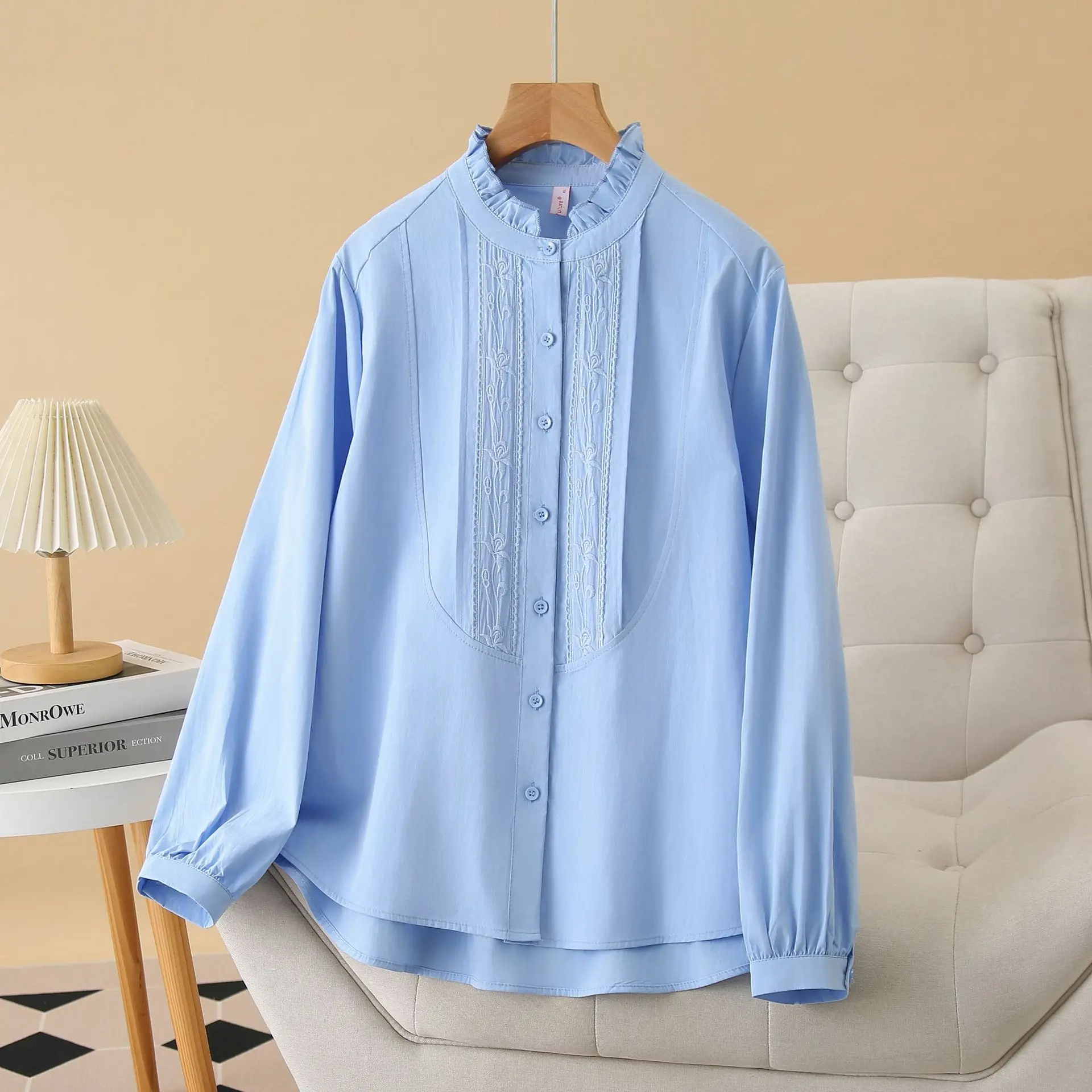 2025 Spring New Plus Size Shirt 100KG Stylish Ruffled Collar Embroidered Long Sleeved Blouses For Women 156