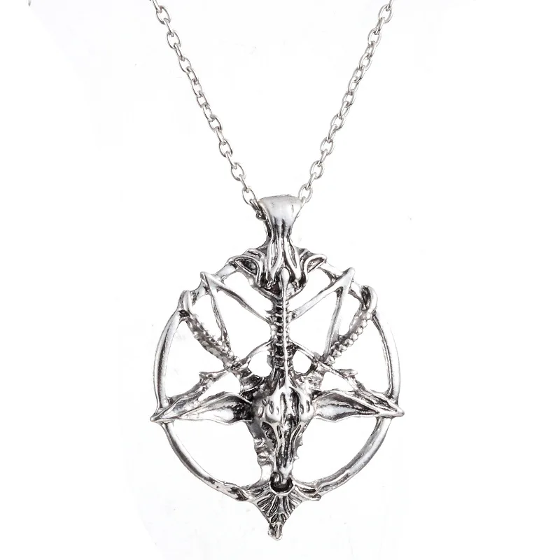 Heißer Verkauf Modeschmuck Vintage Charme Frauen Männer Pentagramm Pfanne Gott Schädel Ziege Kopf Anhänger Kette Halsketten