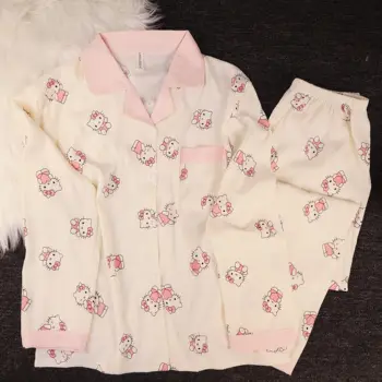  طقم بيجامات هالو كيتي للسيدات 2026 جديد لربيع وخريف بأكمام طويلة ملابس نوم مطبوعة برسوم كارتونية لطيفة ملابس منزلية بدلة خريف يابانية أنيمي 3