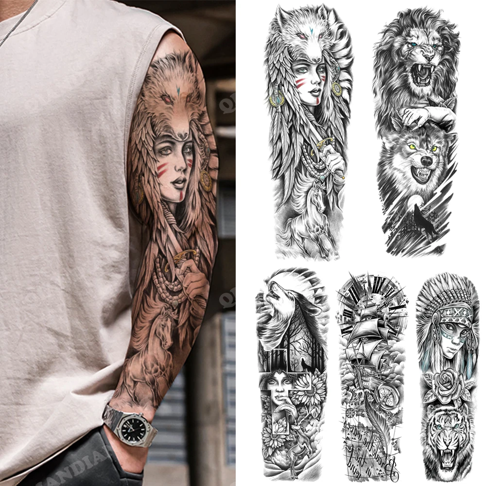 Adesivi per tatuaggi temporanei a braccio completo impermeabili Foresta  Tigre Lupo Cavallo Guerriero Corpo Fiore indiano Crose Uomo Totem Donna  Tatoo - AliExpress, image size:1000x1000