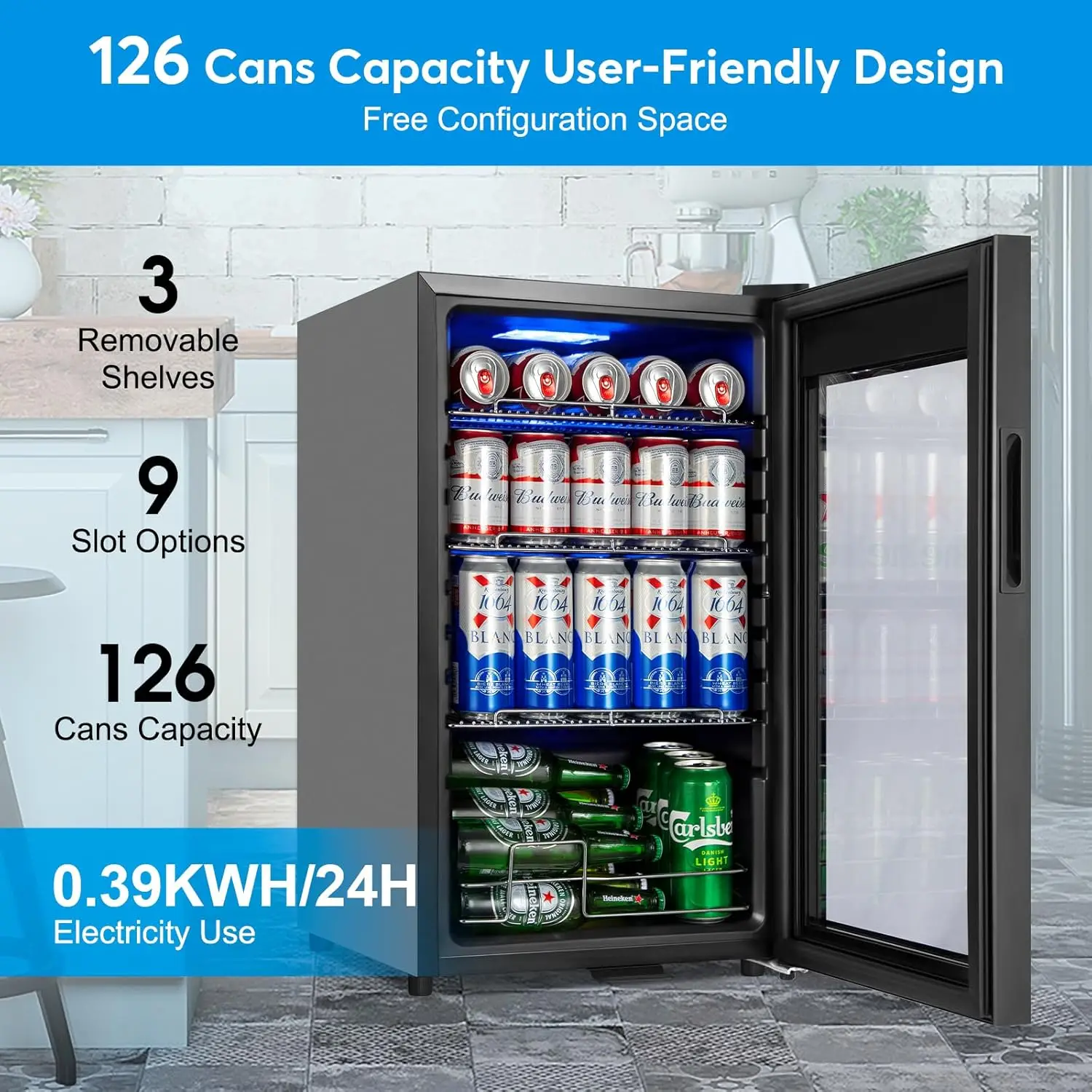 Refrigerator 17 inch Wide - 126 Can Beverage Cooler with Glass Door | Counter-Top/Freestanding Mini Beverage Beer Fridg 2